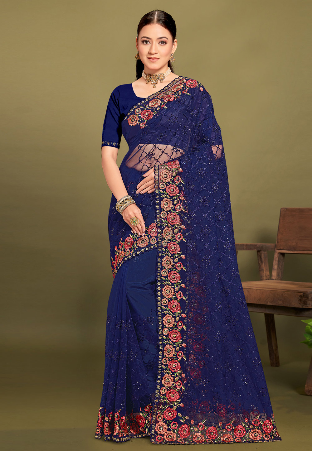 Blue Net Saree With Blouse 306754