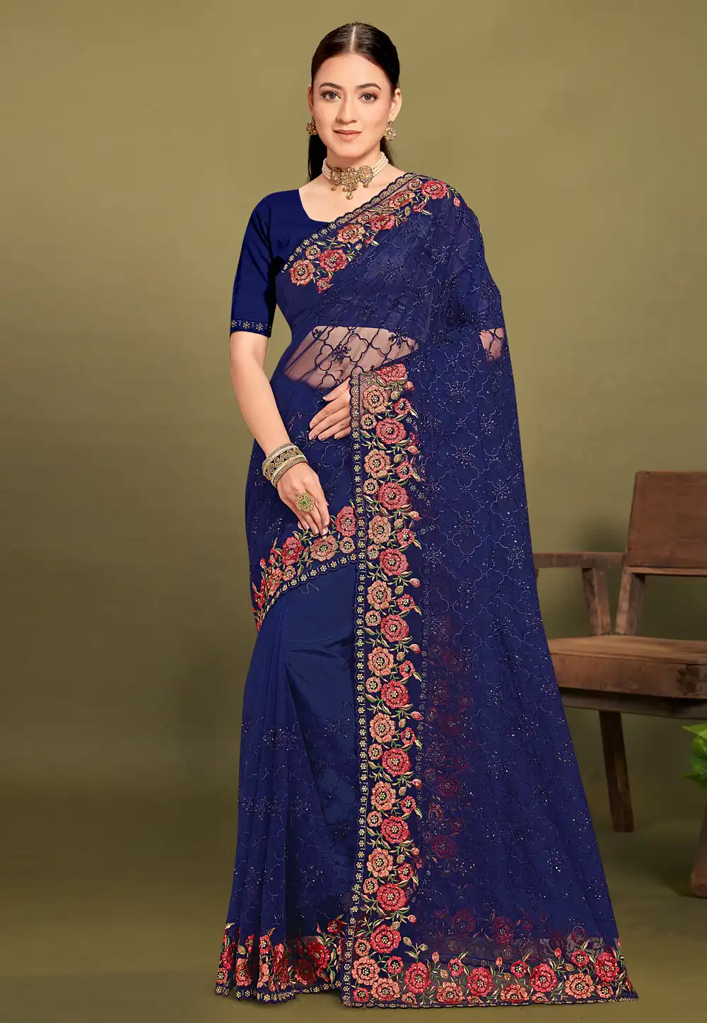 Blue Net Saree With Blouse 306754