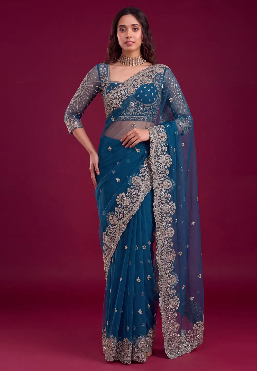 Blue Net Saree With Blouse 335327