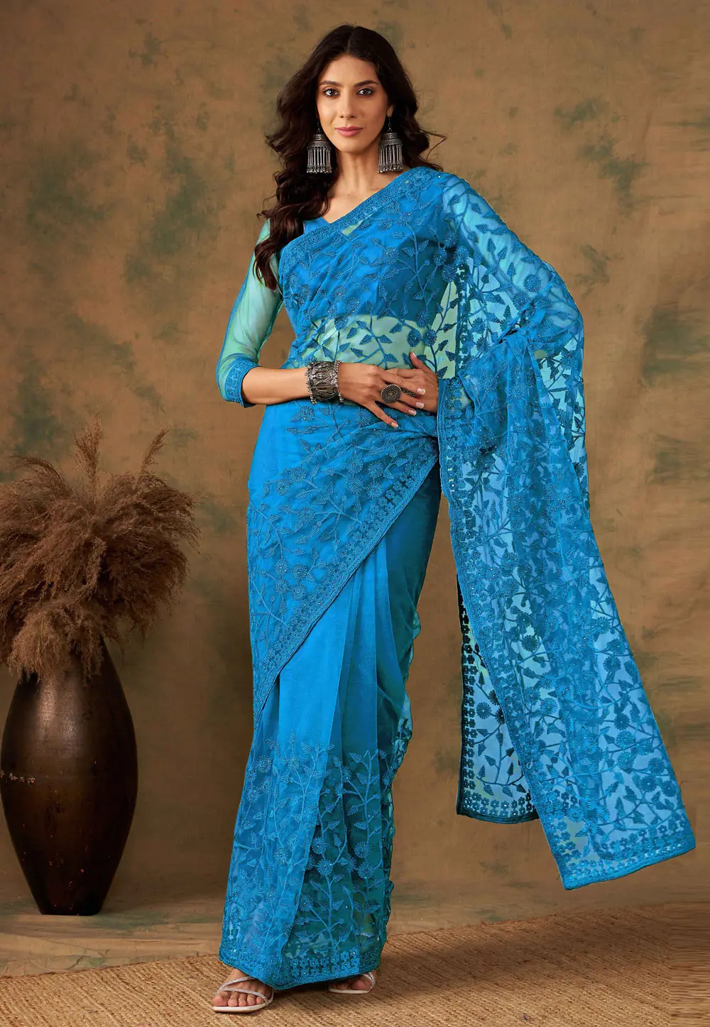 Blue Net Saree With Blouse 331666