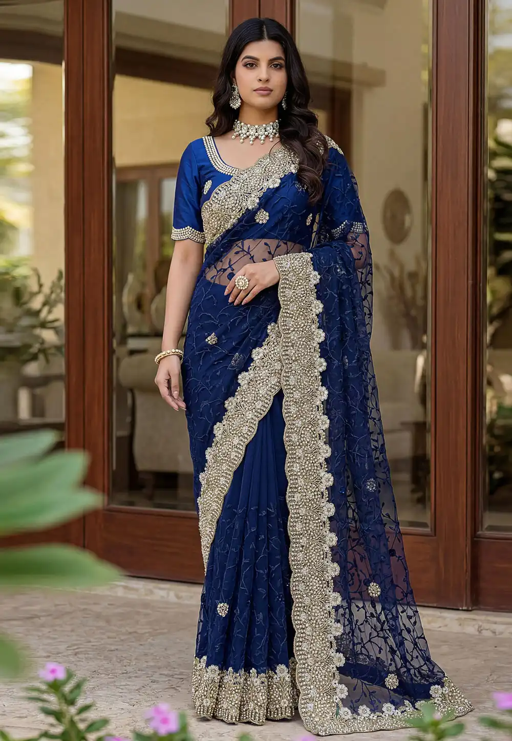 Blue Net Saree With Blouse 330563