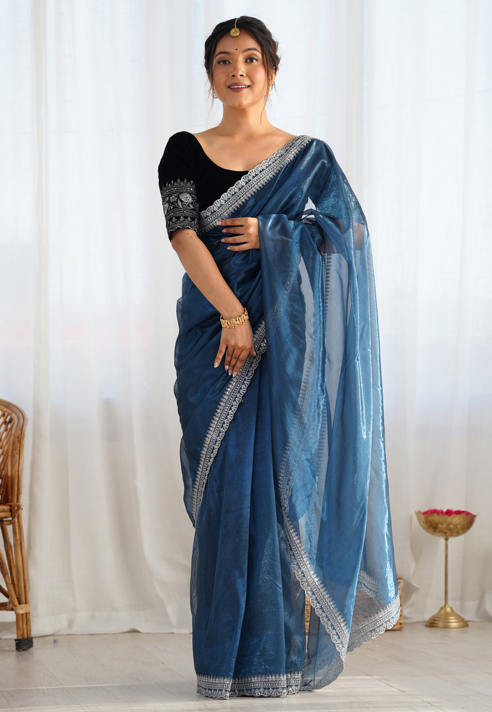Blue Net Saree With Blouse 312274