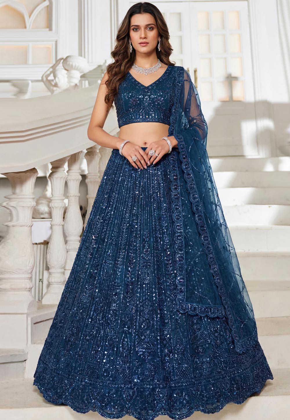 Blue Net Wedding Lehenga Choli 324721