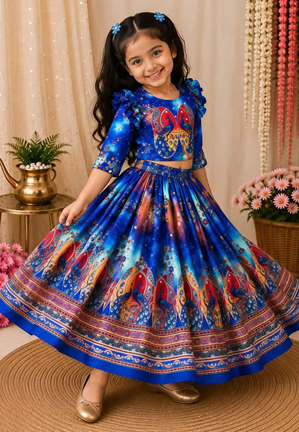 Blue Organza Kids Lehenga Choli 333114
