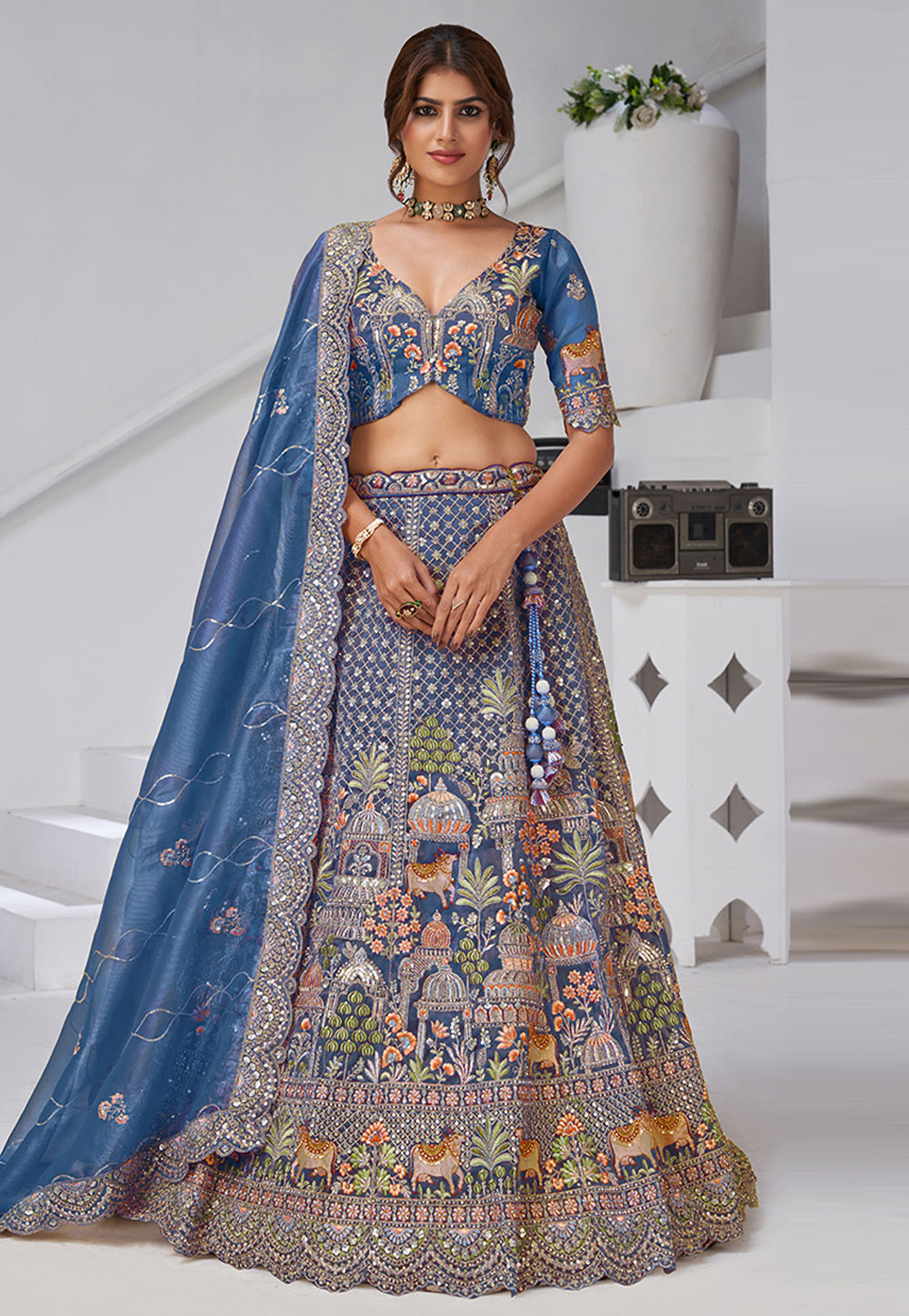 Blue Organza Lehenga Choli 318880
