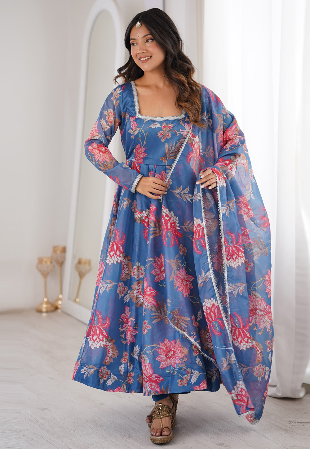 Blue Organza Readymade Long Anarkali Suit 328574