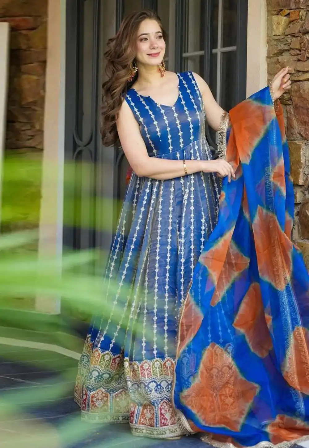 Blue Organza Readymade Long Anarkali Suit 314689
