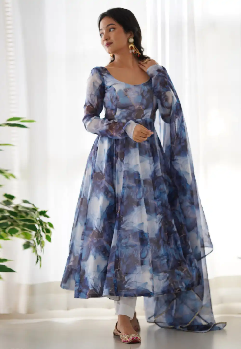 Blue Organza Readymade Pant Style Suit 312580