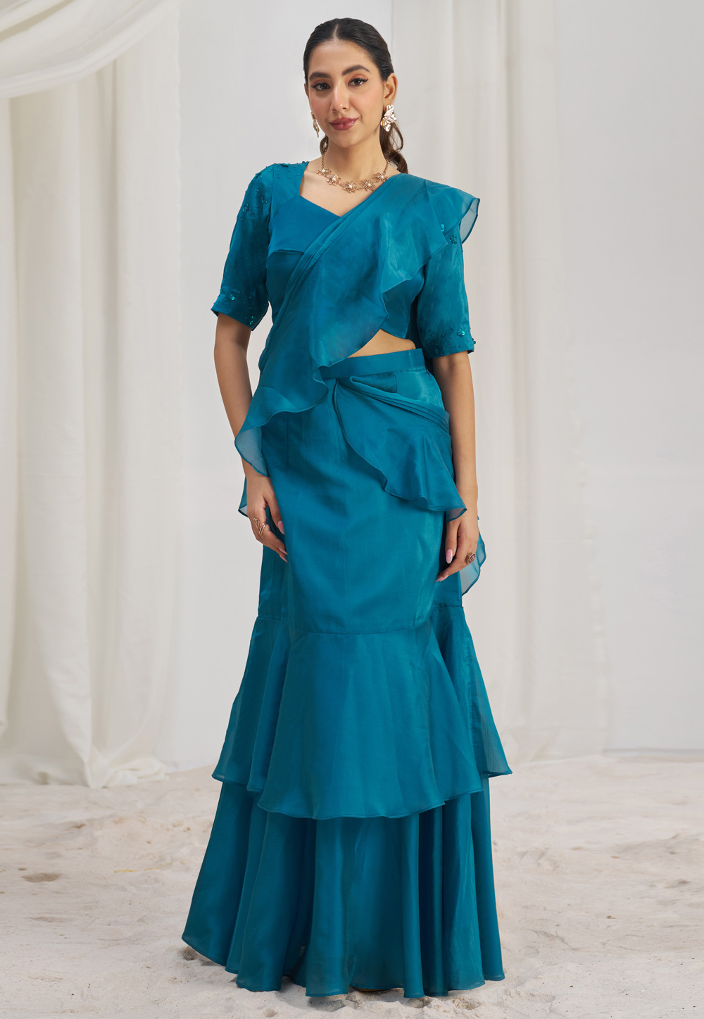 Blue Organza Ruffle Border Saree With Blouse 307261