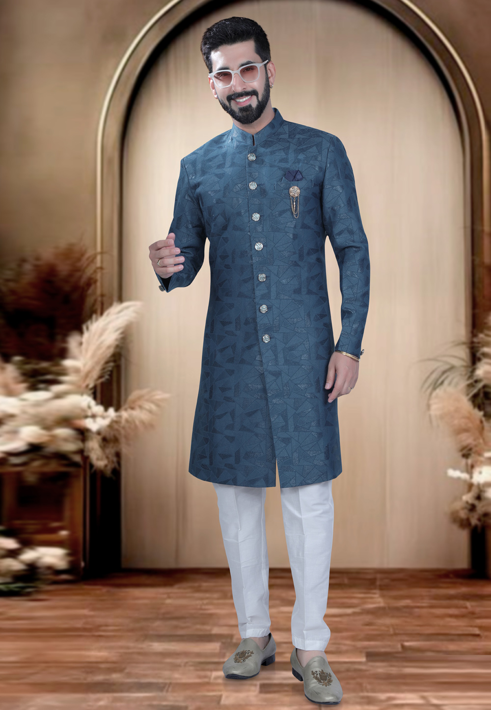 Blue Rayon Achkan Style Sherwani 319669
