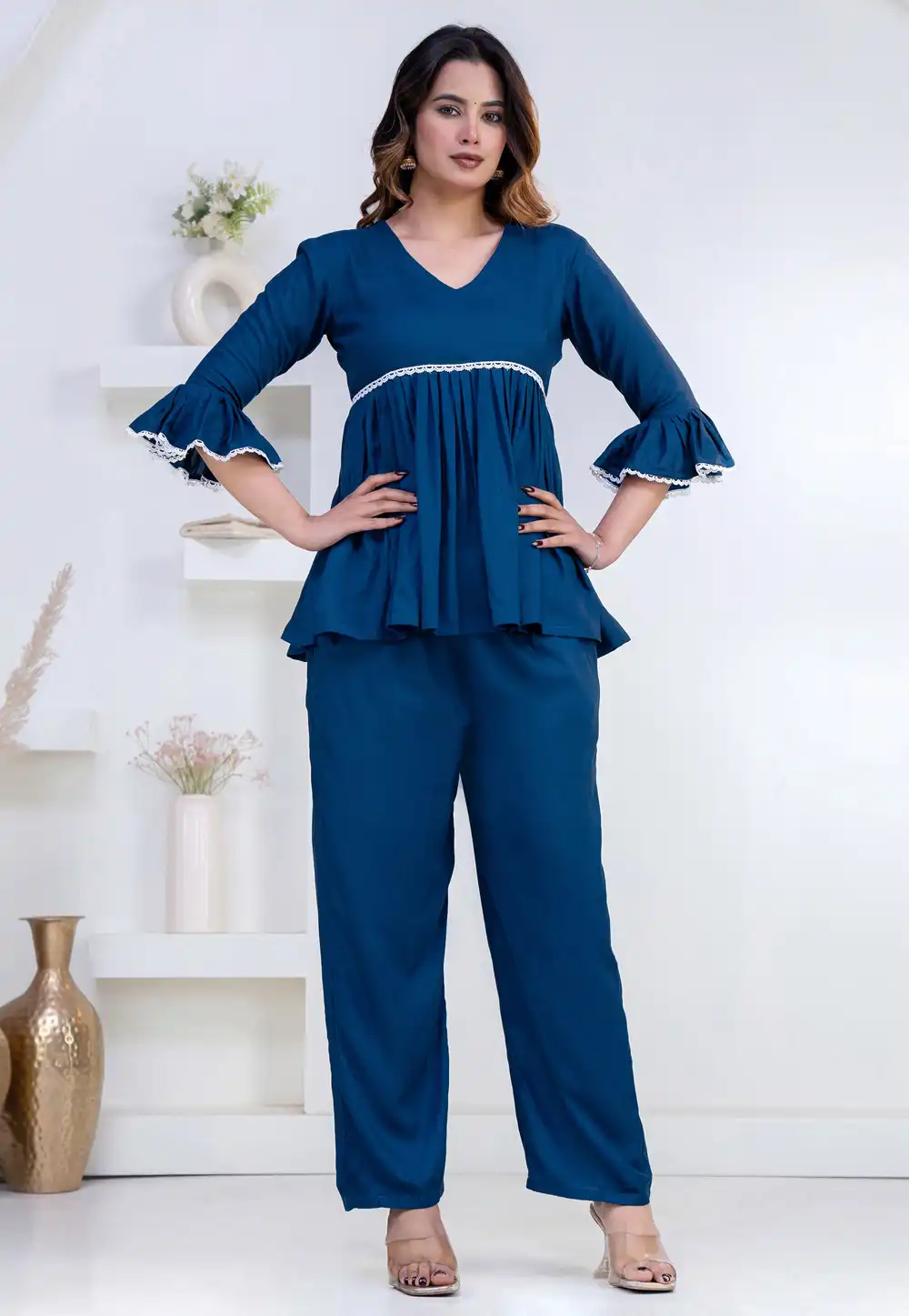 Blue Rayon Kurta Set With Palazzo 327278