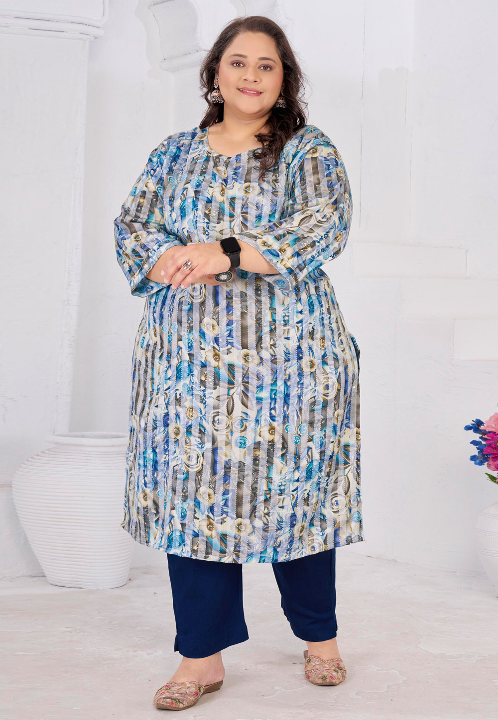 Blue Rayon Printed Long Kurti 329823