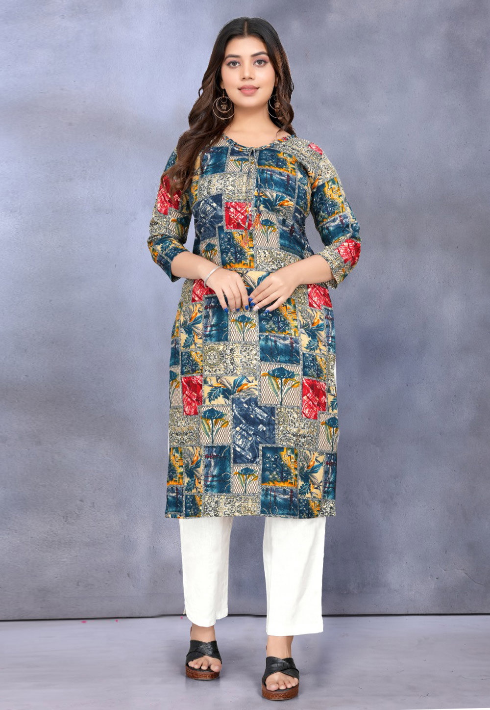 Blue Rayon Printed Long Kurti 312619