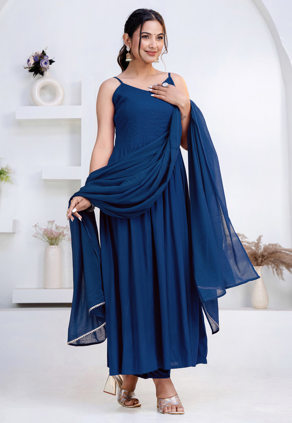 Blue Rayon Readymade Anarkali Suit 325427