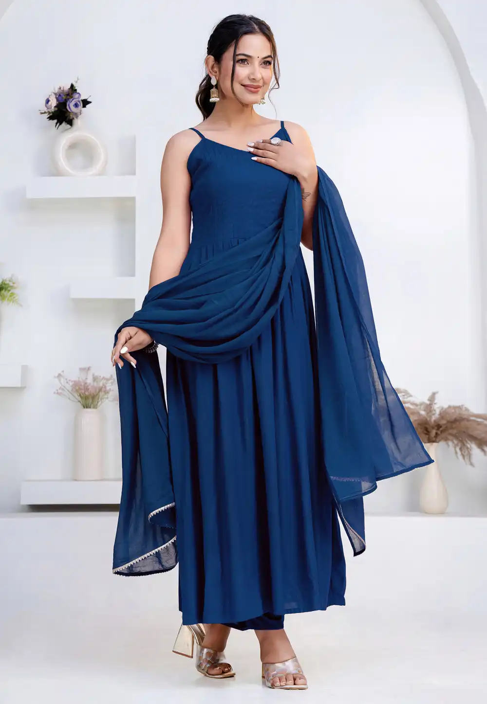 Blue Rayon Readymade Anarkali Suit 325427