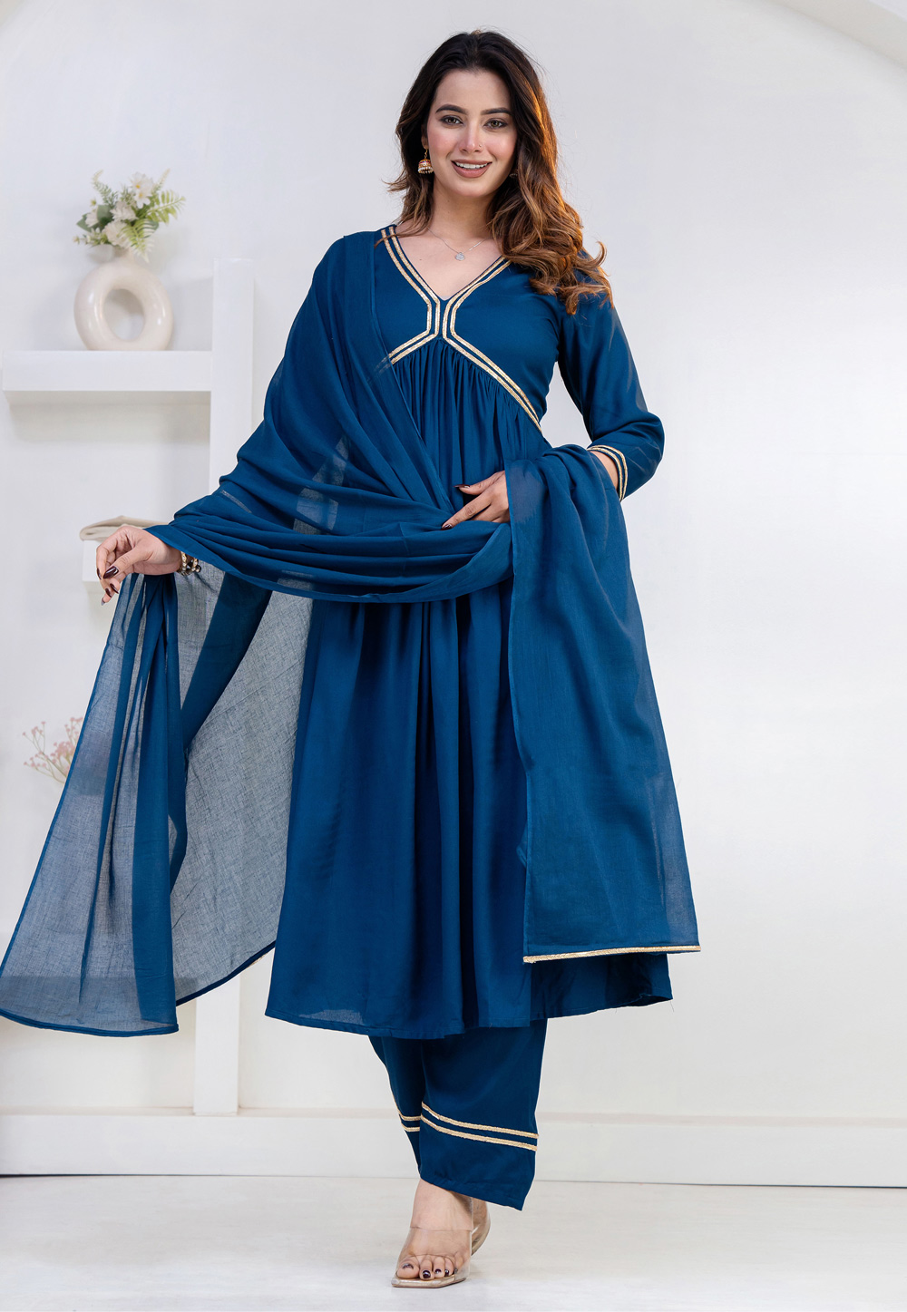 Blue Rayon Readymade Anarkali Suit 325438