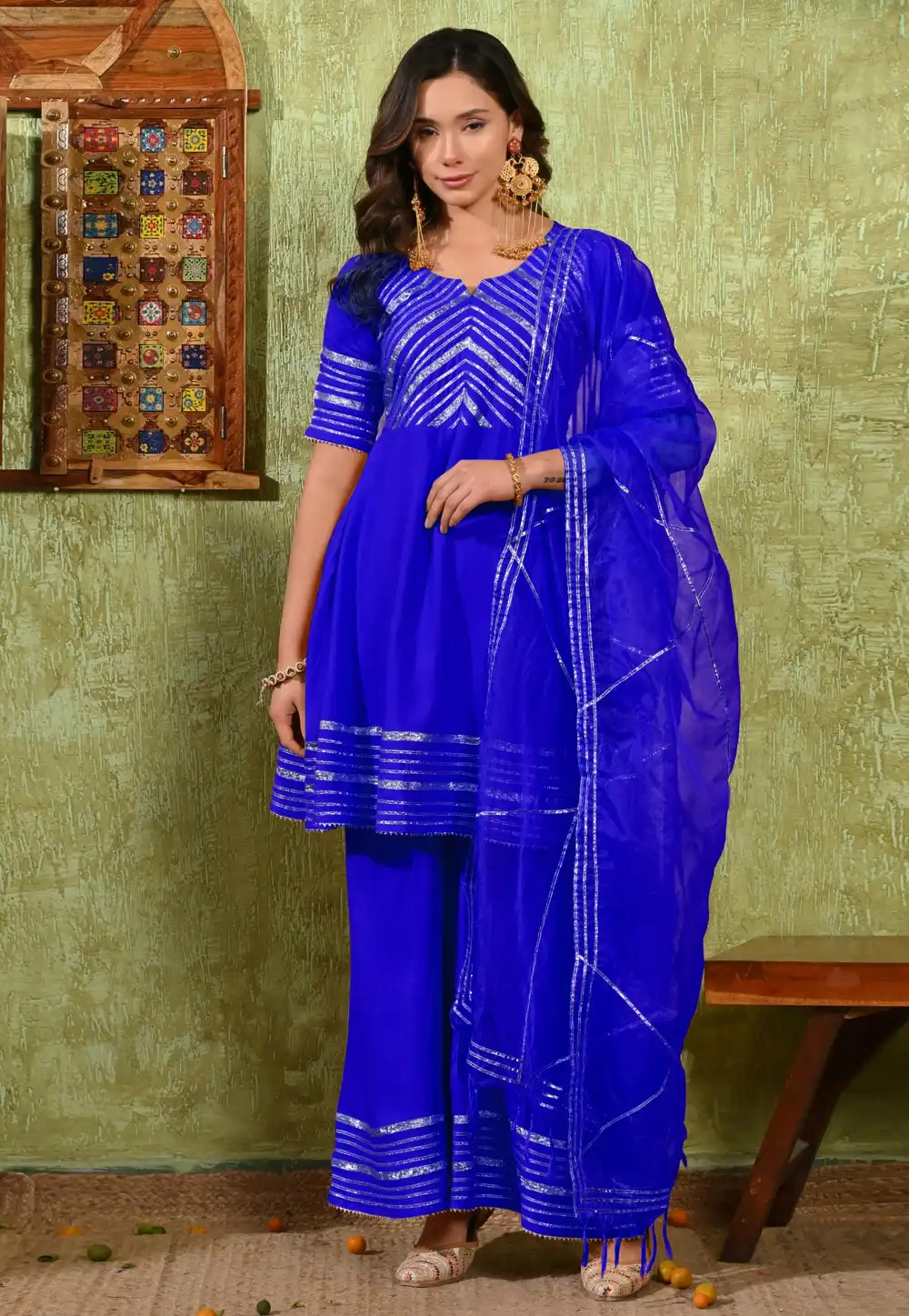 Blue Rayon Readymade Palazzo Suit 326589