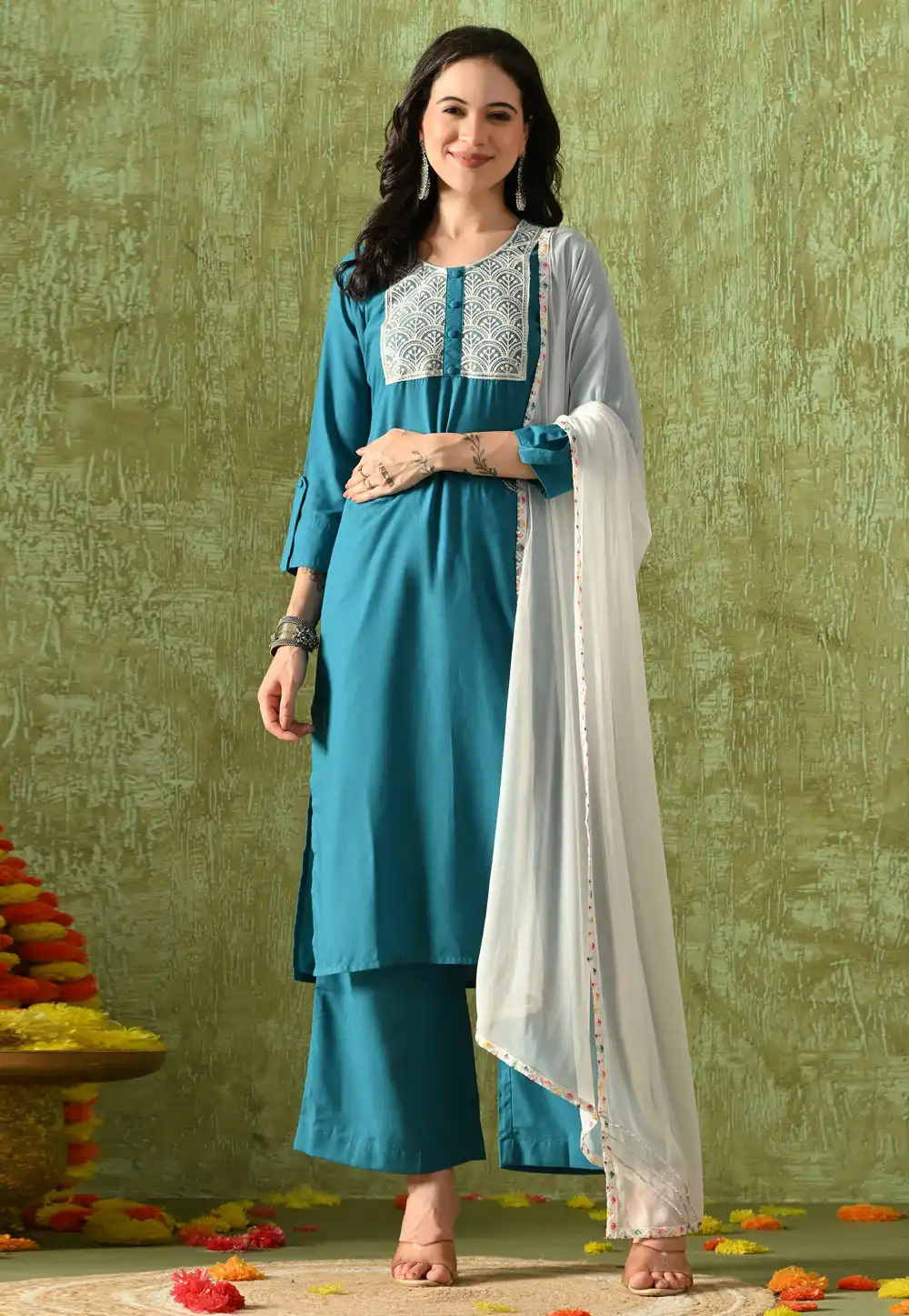Blue Rayon Readymade Palazzo Suit 321789