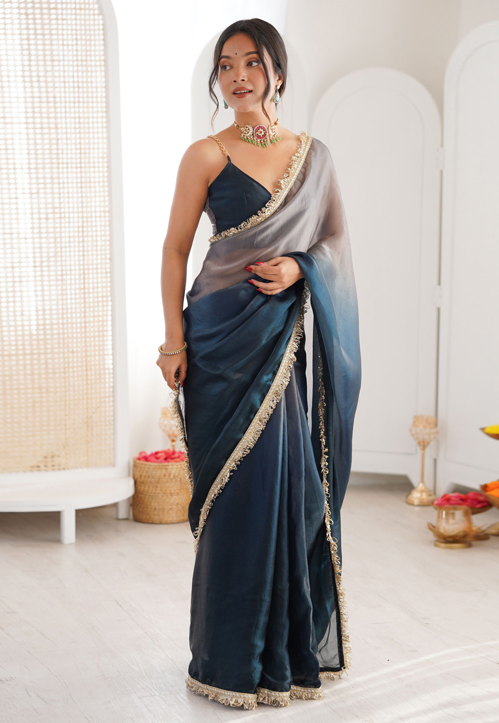 Blue Satin Half N Half Saree 330270