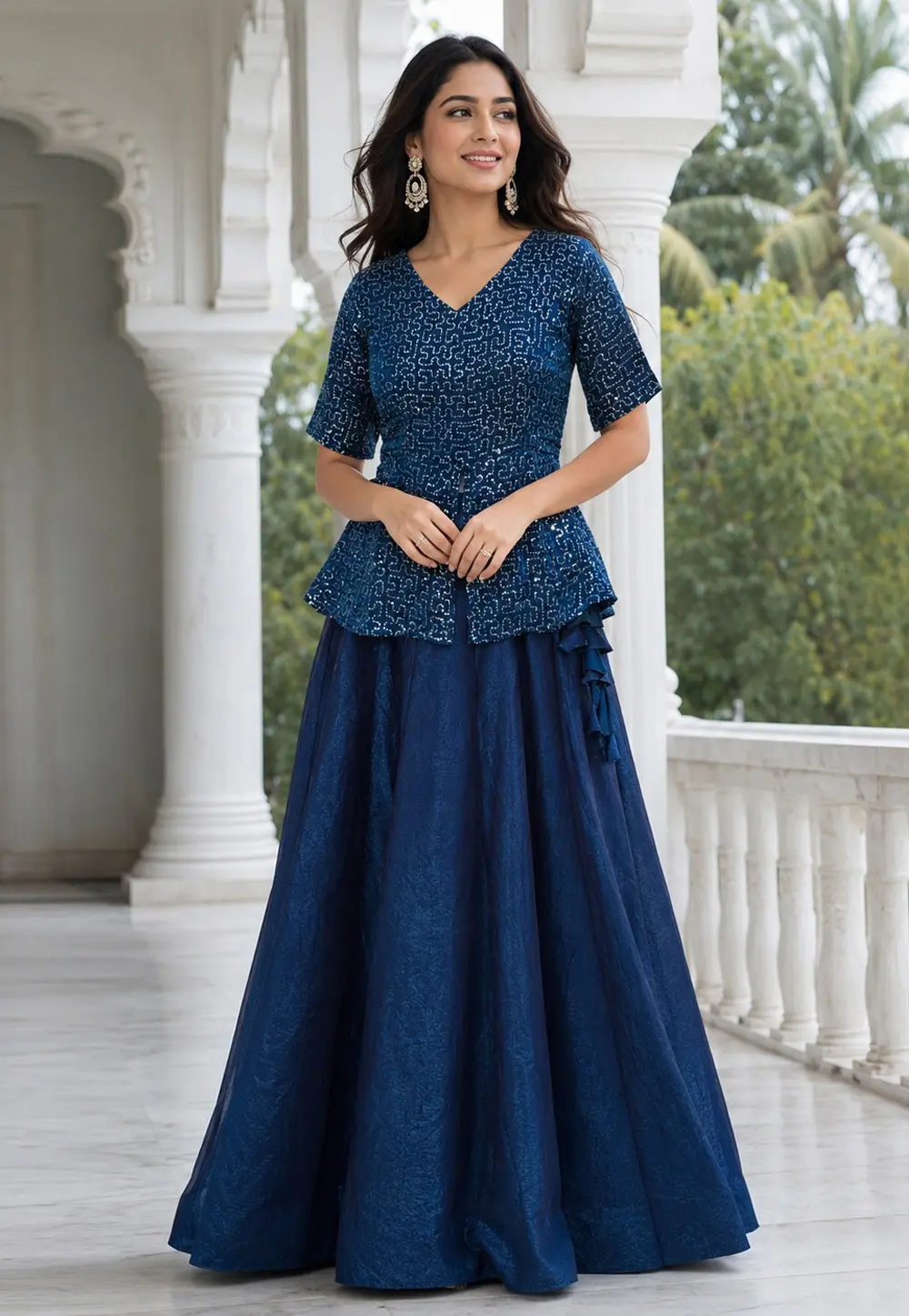 Blue Satin Indo Western Lehenga Choli 331523