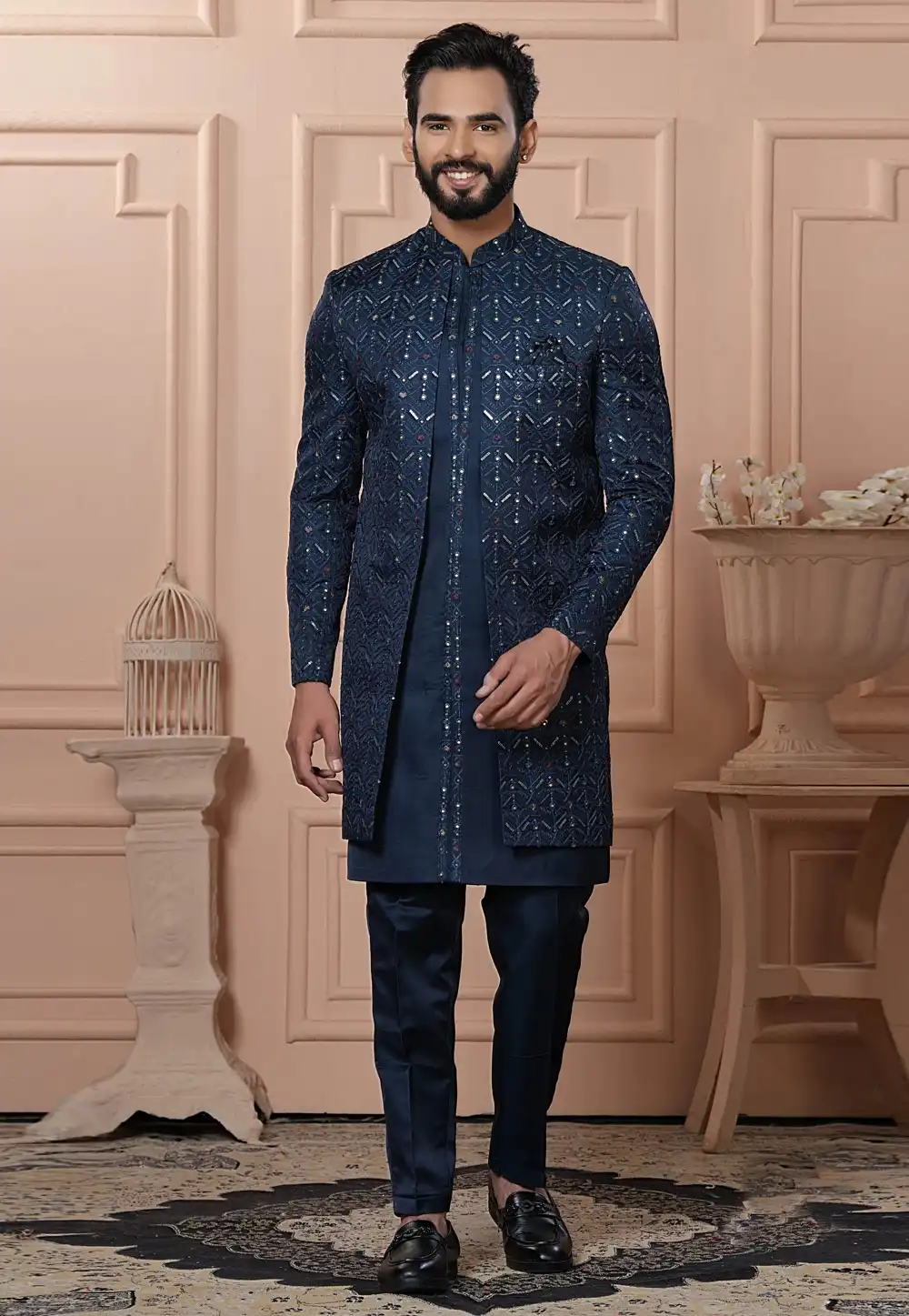 Blue Satin Jacket Style Sherwani 315047