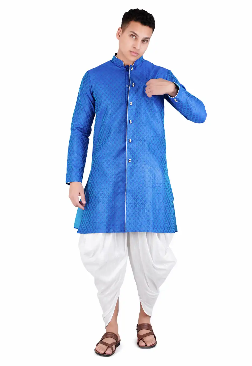 Blue Satin Jacquard Dhoti Kurta 278231