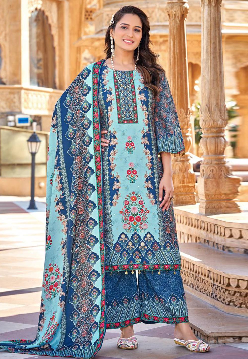 Blue Satin Readymade Pakistani Suit 326570