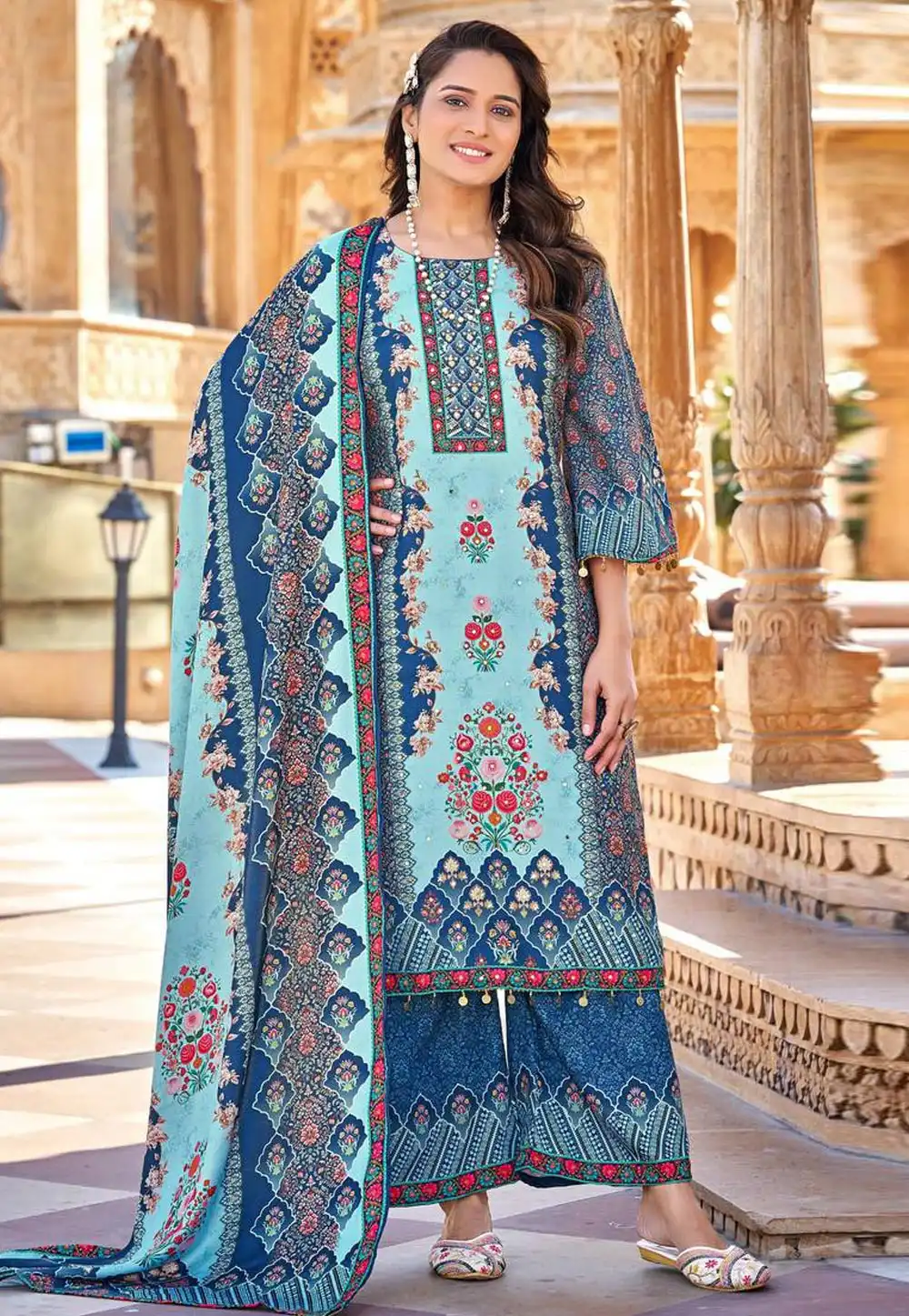 Blue Satin Readymade Pakistani Suit 326570