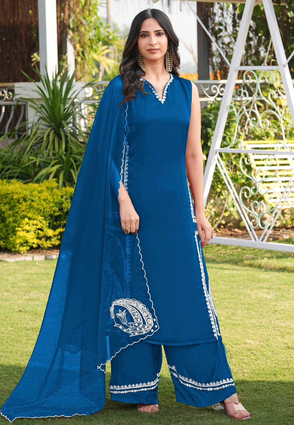 Blue Satin Readymade Pakistani Suit 325053