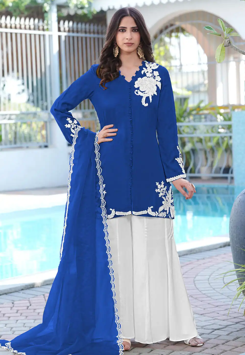 Blue Satin Readymade Pakistani Suit 325063