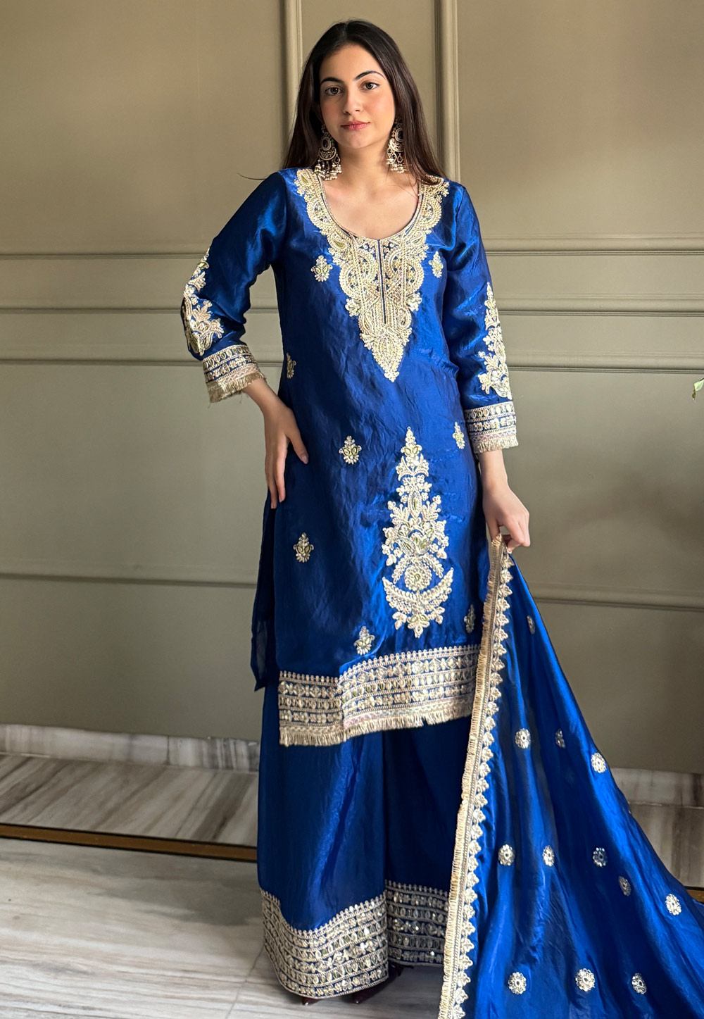 dark blue pakistani dresses Midnight Blue Silk Farshi Shalwar Pakistani Dress main image 0