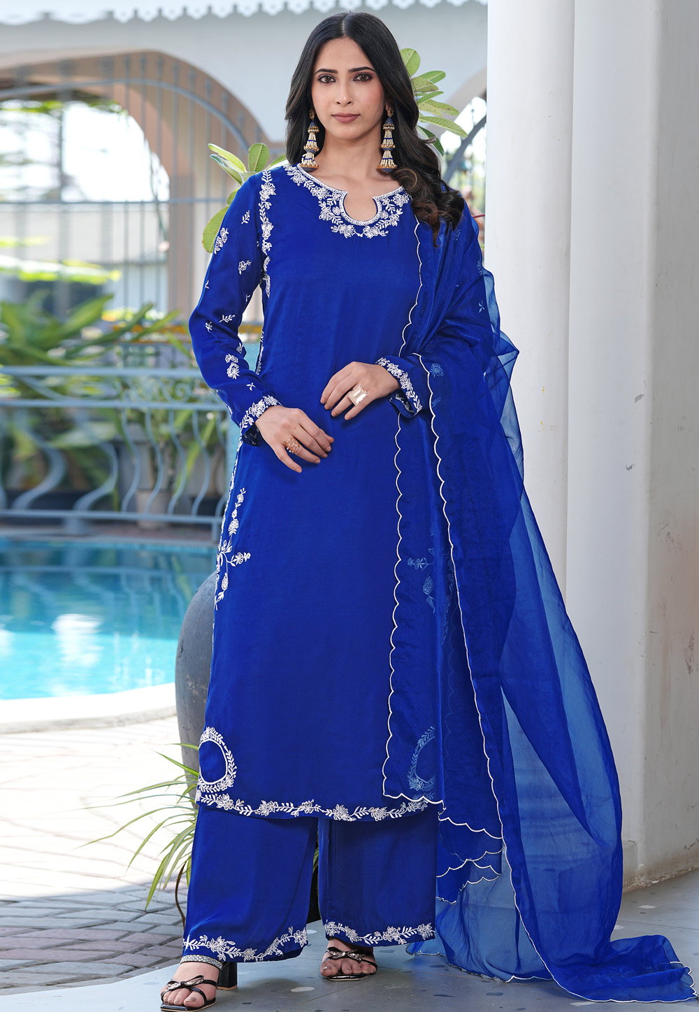 Blue Satin Readymade Palazzo Suit 325019