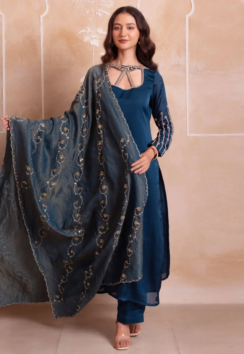Blue Satin Readymade Pant Style Suit 332481