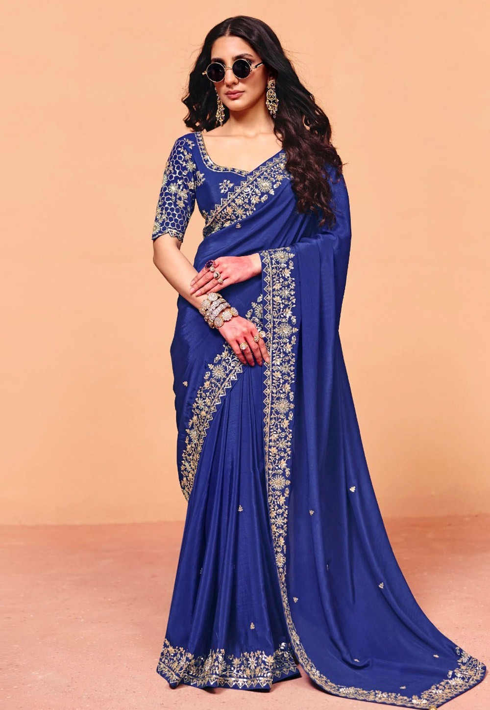 Blue Satin Saree With Blouse 326062