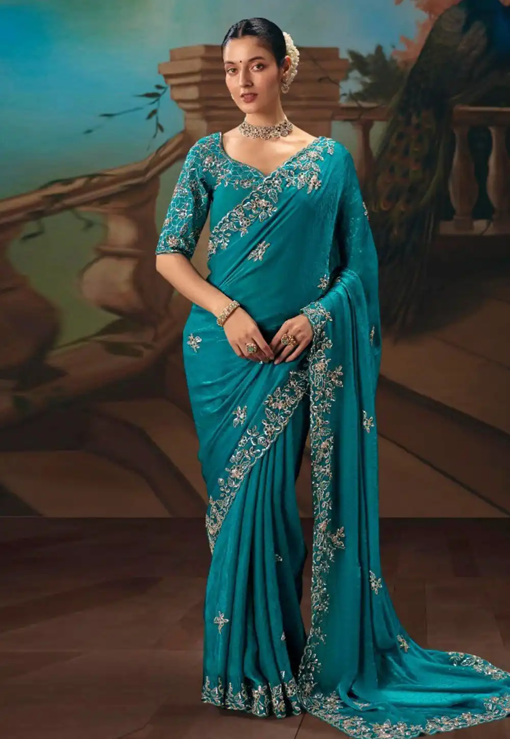 Blue Satin Saree With Blouse 322932