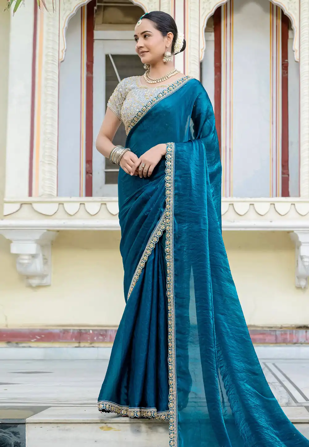Blue Satin Saree With Blouse 312118