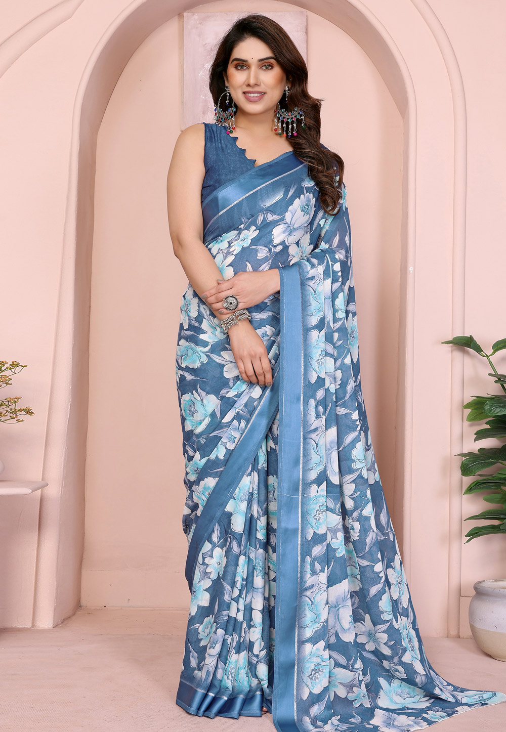 Blue Satin Saree With Blouse 318784