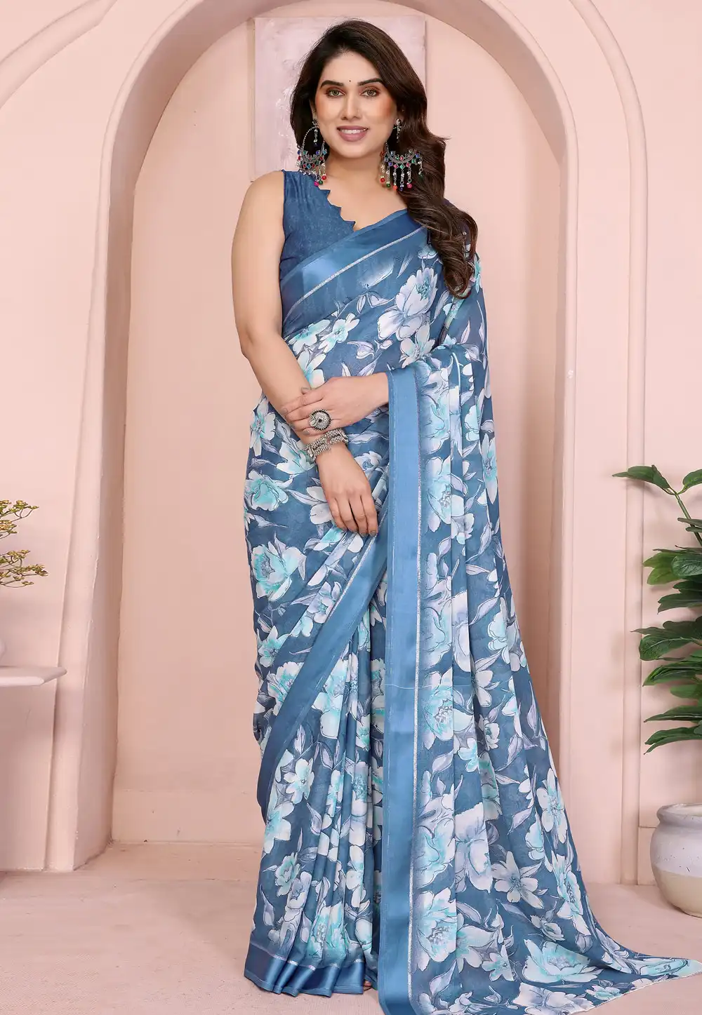 Blue Satin Saree With Blouse 318784