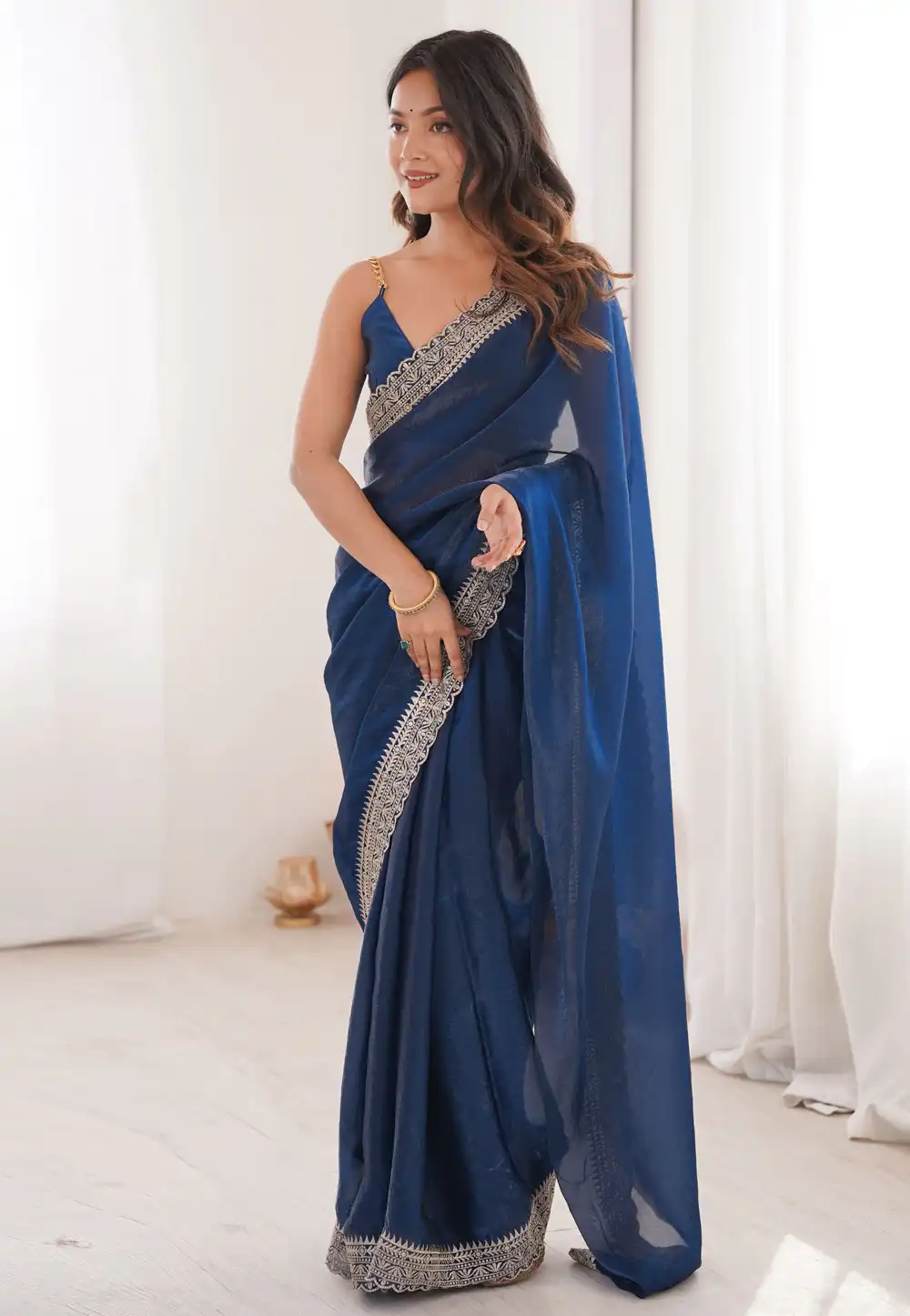 Blue Satin Saree With Blouse 329525