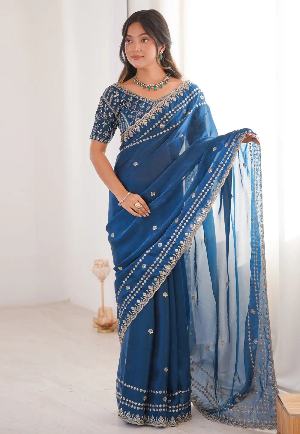 Blue Satin Saree With Blouse 329554