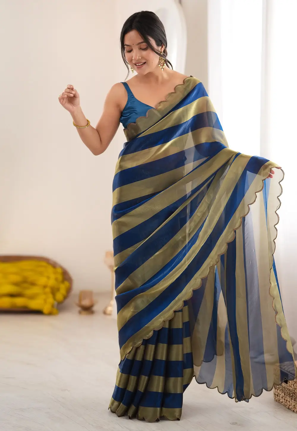 Blue Satin Saree With Blouse 336225