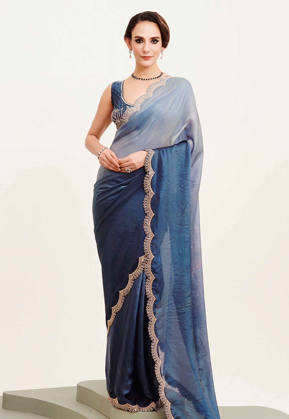 Blue Satin Saree With Blouse 311825