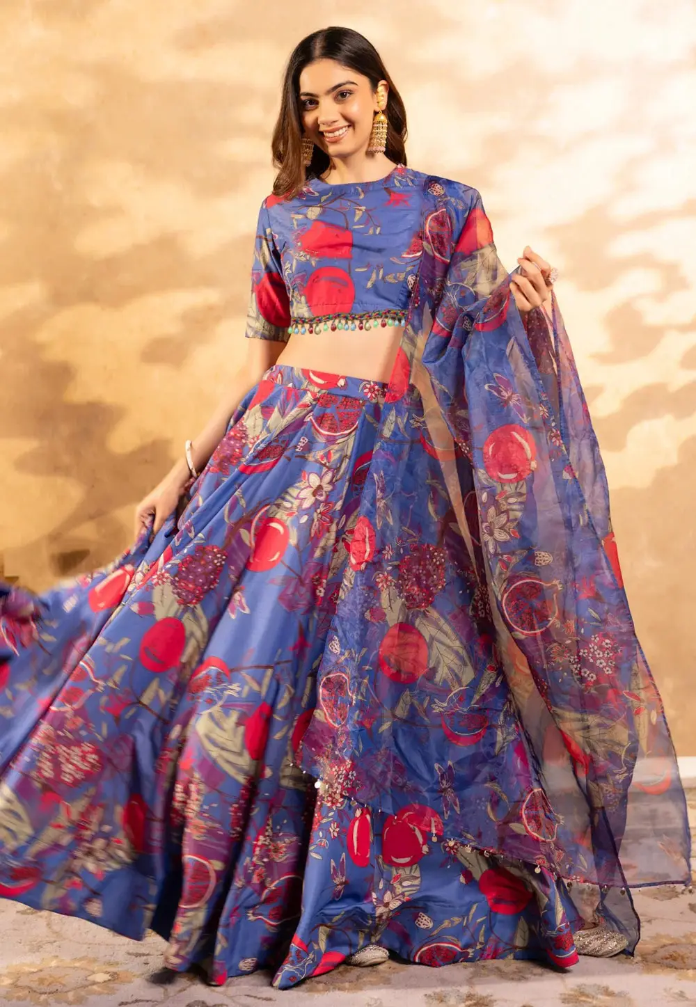 Blue Satin Silk Floral print Lehenga Choli 333544