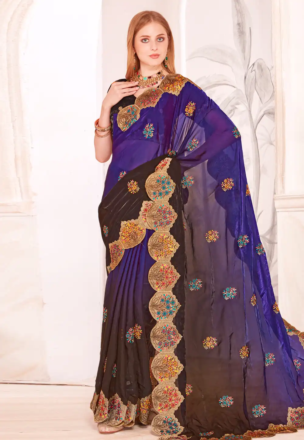 Blue Satin Silk Half N Half Saree 315790