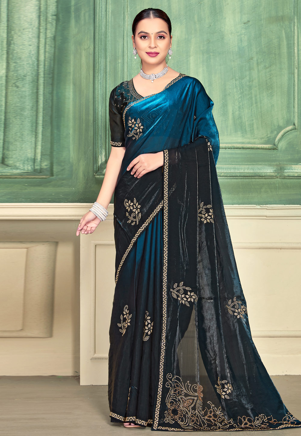 Blue Satin Silk Half N Half Saree 319494