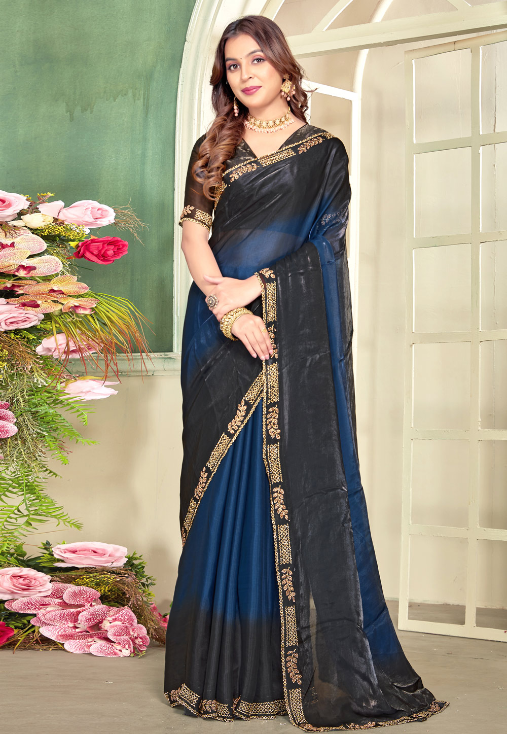 Blue Satin Silk Half N Half Saree 319834