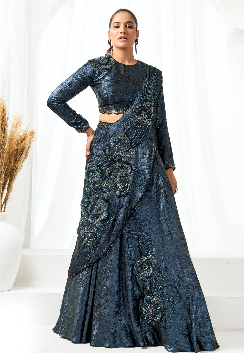 Blue Satin Silk Lehenga Saree 326852