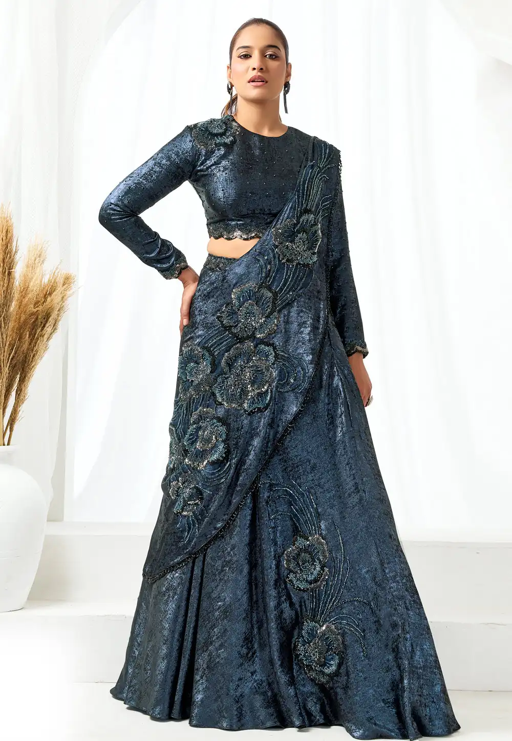 Blue Satin Silk Lehenga Saree 326852