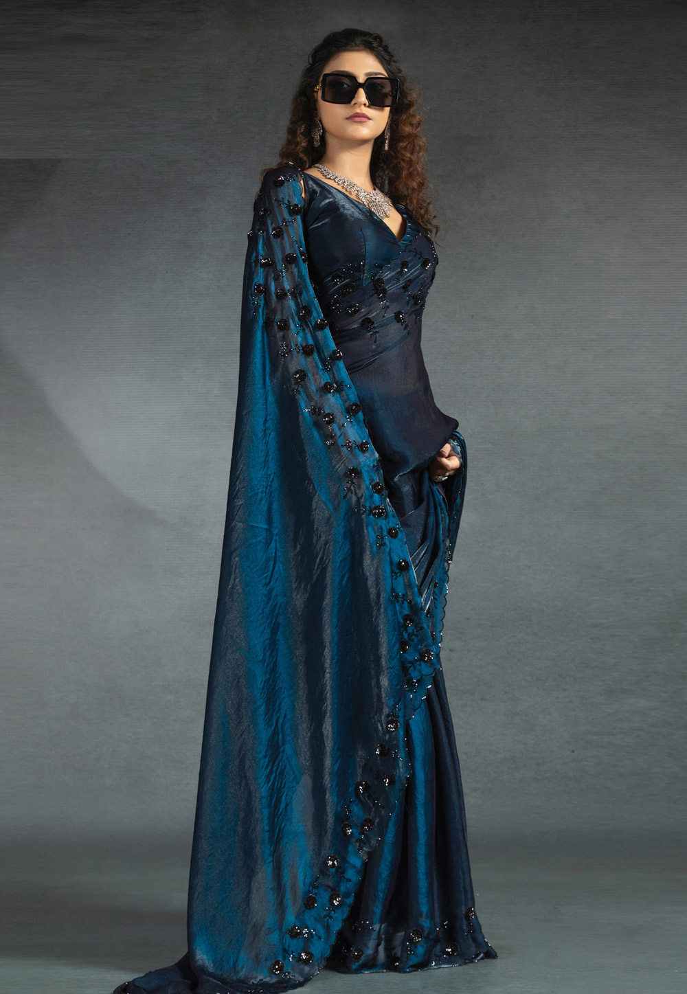Blue Satin Silk Saree With Blouse 307686