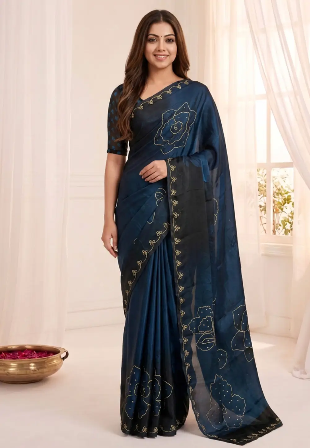 Blue Satin Silk Saree With Blouse 336620